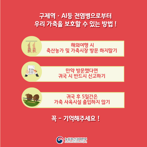 구제역·AI등 전염병으로부터 우리가축을 보호할 수 있는 방법! 1. 해외여행시 축산농가 및 가축시장 방문하지말기 2.만약 방문했다면 귀국시 반드시 신고하기 3.귀국후 5일간은 가축사육시설 출입하지 않기, 꼭-기억해주세요! 농림축산검역본부