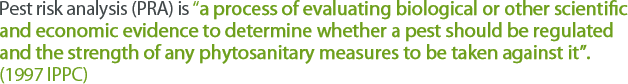 Pest risk analysis (PRA) is 'a process of evaluating biological or other scientific and economic evidence to determine whether a pest should be regulated and the strength of any phytosanitary measures to be taken against it'. (1997 IPPC)