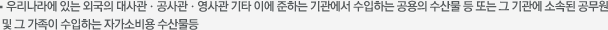 우리나라에 있는 외국의 대사관ㆍ공사관ㆍ영사관 기타 이에 준하는 기관에서 수입하는 공용의 수산물 등 또는 그 기관에 소속된 공무원및 그 가족이 수입하는 자가소비용 수산물등