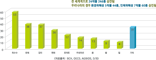 전 세계적으로 24작물 246종 승안됨. 우리나라의 경우 환경위해성 5작물 44종, 인체위해성 7작물 60종 승인됨, 상세한 설명은 상단의 내용참조